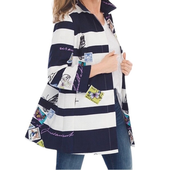 Chico's Jackets & Blazers - Chico's Navy Blue and White Striped Postcard Jacket 00(2)